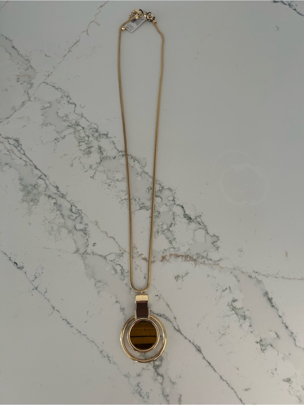 White House Black Market Gold-Tone Necklace with Brown Stone Pendant